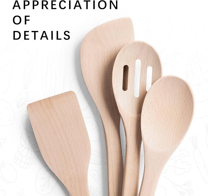 Wooden Spoons for Cooking, 4-Piece Wood Utensil Set Includes Slotted Spoon - Image 3