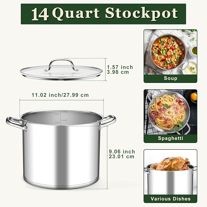Leonyo 14 Quart Stock Pot with Lid, Stainless Steel StockPot with Lid, Tri-ply - Image 2