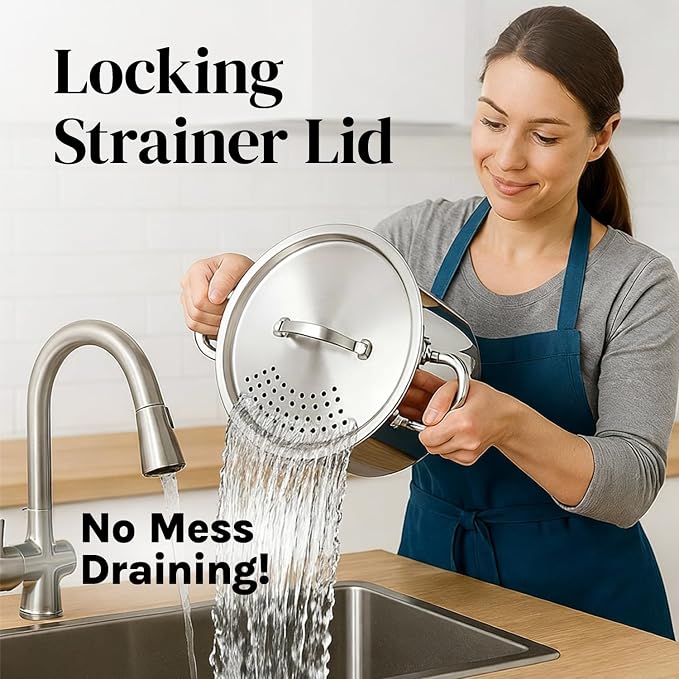 Stainless Steel Pasta Pot with Strainer Lid — 5.5 Qt Large Capacity Spaghetti - Image 2
