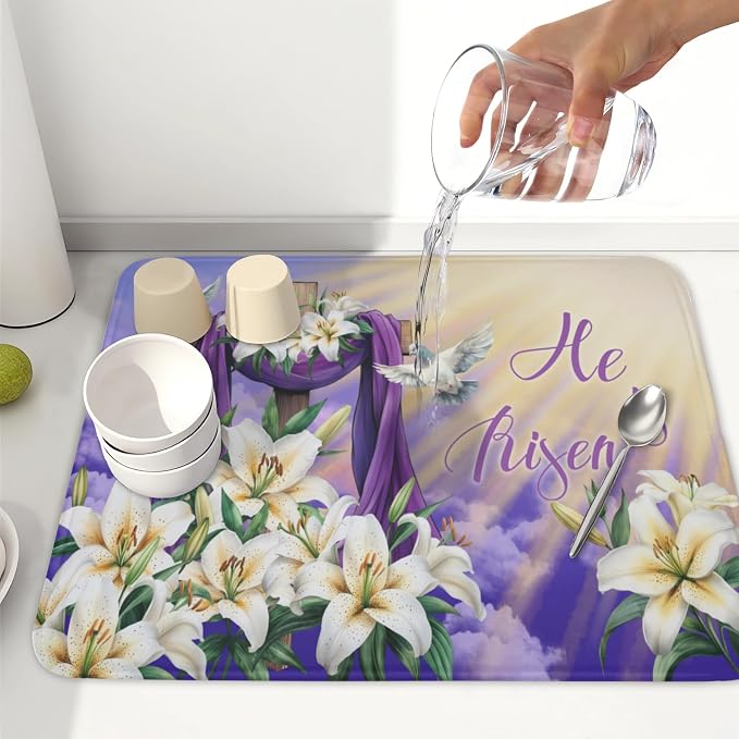 Easter Dish Drying Mat for Kitchen Counter He is Risen Cross Floral Purple - Image 6