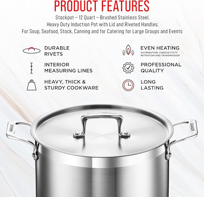 Stainless Steel Stockpot with Lid 12 Quart, Durable 18/8 Stainless Steel - Image 7