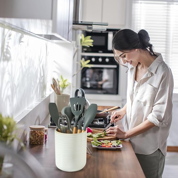 HASENSE Large Utensil Holder, 7.4" x 6.2" Ceramic Utensil Holder - Image 3