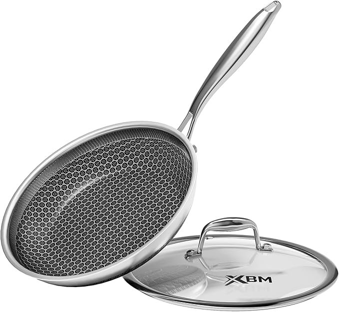 Frying Pan Nonstick With Lid, 8 Inch Non Stick Induction Cookware, Stainless by XBM