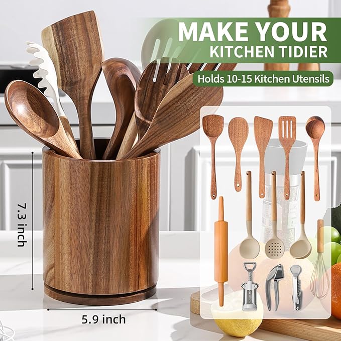 Wooden Utensil Holder, 360°Rotating 7.3'' Large Utensil Holder - Image 3