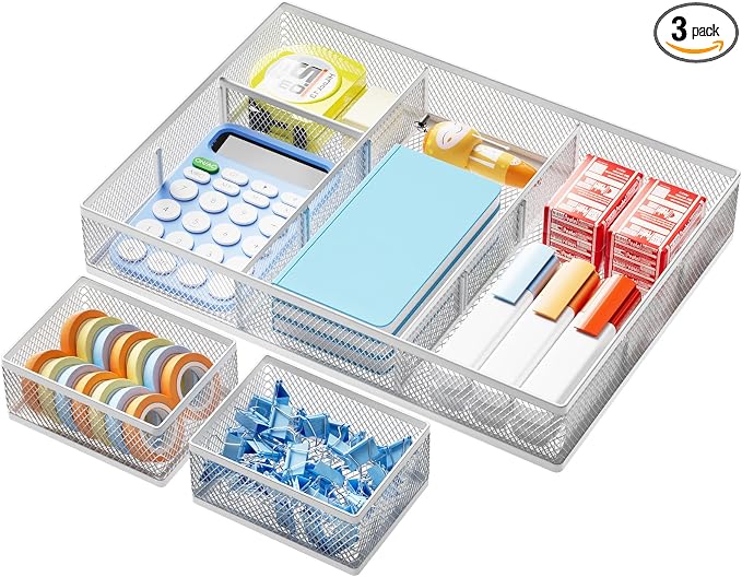 Marbrasse 3 Packs White Desk Drawer Organizers, Drawer Organizer Tray by Marbrasse