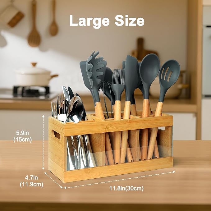 Kitchen Utensil Holder for Counter Extra Large Bamboo Wooden Utensil Organizer - Image 5