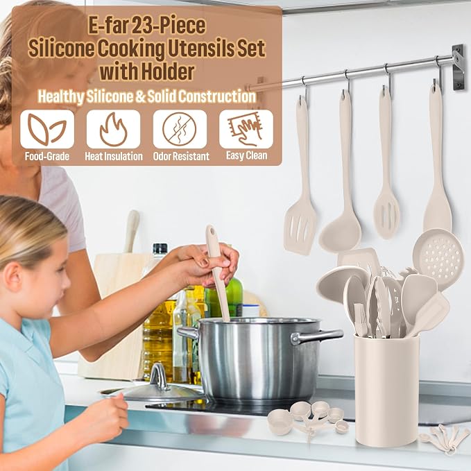 Silicone Kitchen Utensils Set, E-far 23 Pcs Khaki Cooking Utensils Tools - Image 6