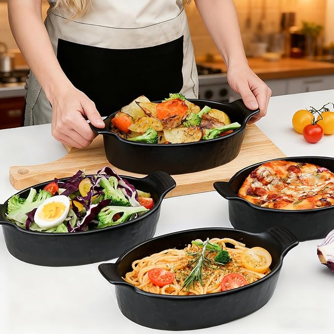 Oval Au Gratin Baking Dishes Set of 4 9" x 5" 19 oz matte black Ceramic Oven - Image 3