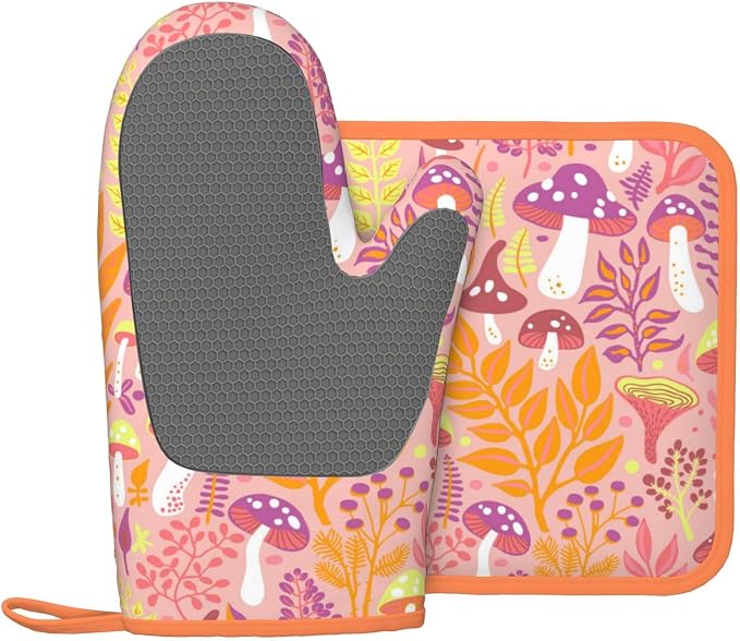 Mushroom Silicone Oven Mitts Pan Mats Set of 2, Heat Resistant Gloves Potholder - Image 2
