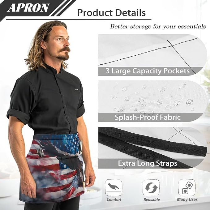 Server Apron with 3 Pockets, Waterproof Oil Waitress Waiter Half Apron - Image 6