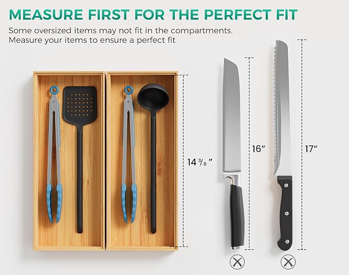 Bamboo Kitchen Drawer Organizer Set of 2, Stackable 15" x 6" Wood Silverware - Image 9