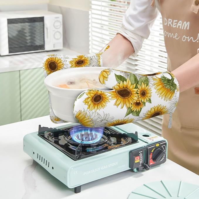 Yellow Sunflower Oven Mitts Pot Holders Set Silicone Heat Resistant Sunflowers - Image 6