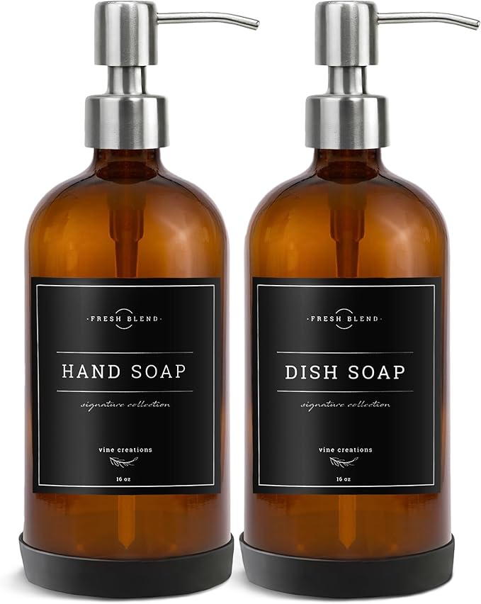 Vine Creations Amber Glass Soap Dispenser, 2 Pack Kitchen Soap Dispenser Set - Image 7