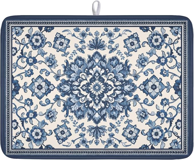 Blue Floral Dish Drying Mat for Kitchen Counter Vintage Flower Pattern by Unknown