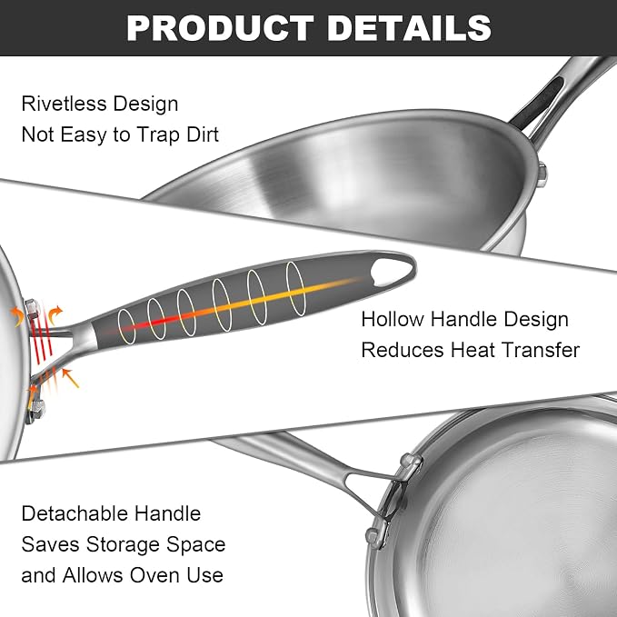 EWFEN Tri-Ply Stainless Steel Frying Pans Set, 8”/10”/12” Cooking pans - Image 6