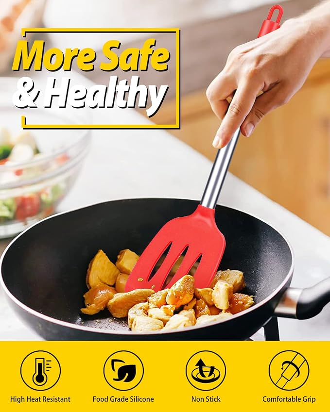 Pack of 2 Silicone Solid Turner, Non Stick Slotted Kitchen Spatulas, High Heat - Image 5