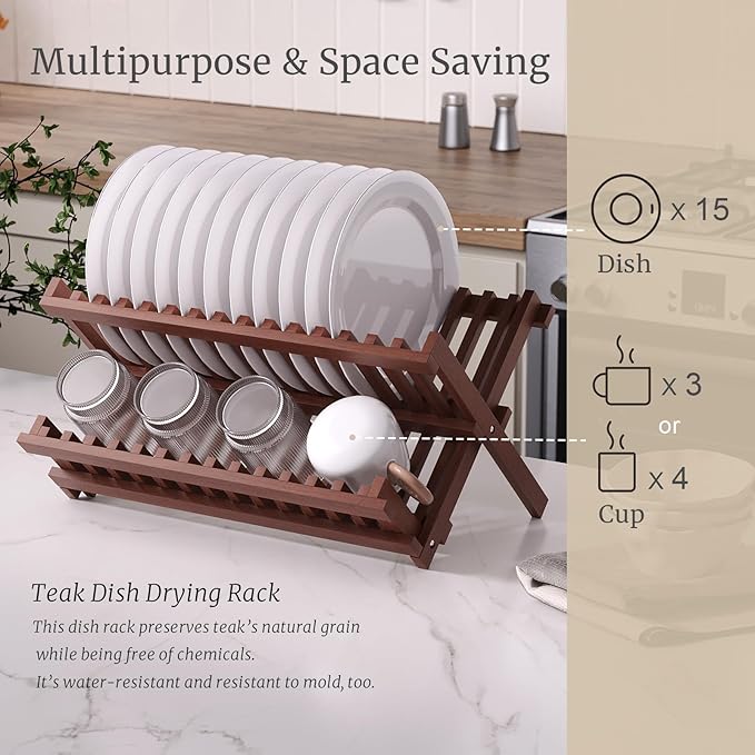 VERTORGAN Teak Dish Drying Rack, Folding Collapsible Drainer Plate Organizer - Image 3