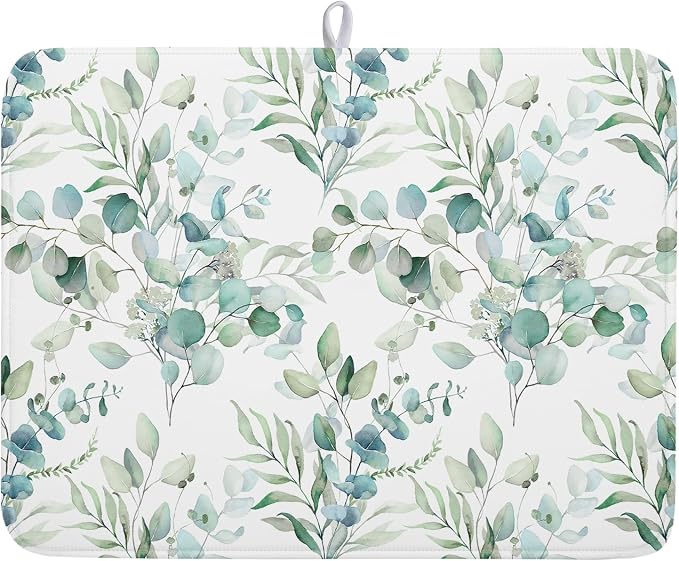 Sage Green Leaves Dish Drying Mats by Kawani