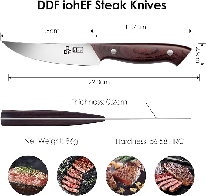 DDF iohEF Steak Knives Set of 6, Non-serrated Steak Knife 4.5 Inch High Carbon - Image 4