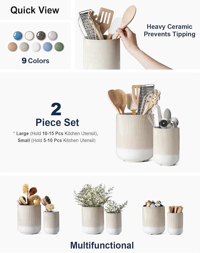 LE TAUCI Utensil Holder for Kitchen Counter, 7.3"+5.4" Fluted Ceramic Utensil - Image 2