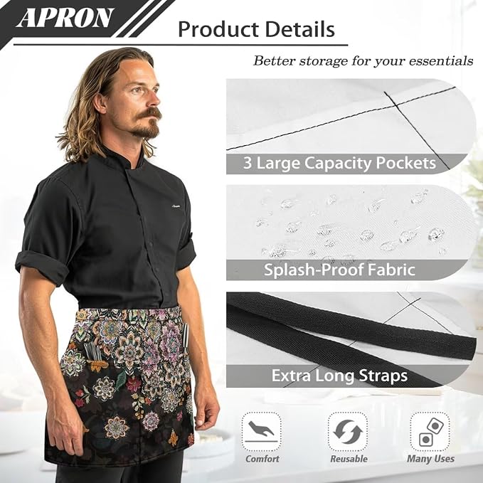 Server Apron with 3 Pockets, Waterproof Oil Waitress Waiter Half Apron - Image 6