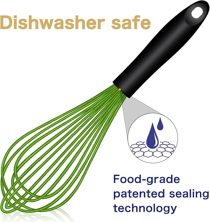 OYV Dishwasher Safe Green Silicone Whisk, Sealed Waterproof Design Set of 3 - Image 2