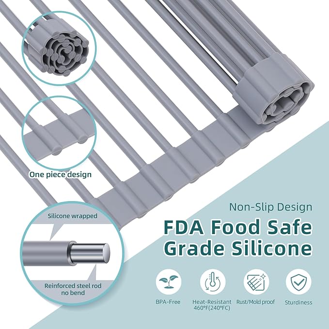Ohuhu Sink Drying Rack, 20.5" W x 16.1" L Over The Sink Roll-Up Dish Drainer - Image 4