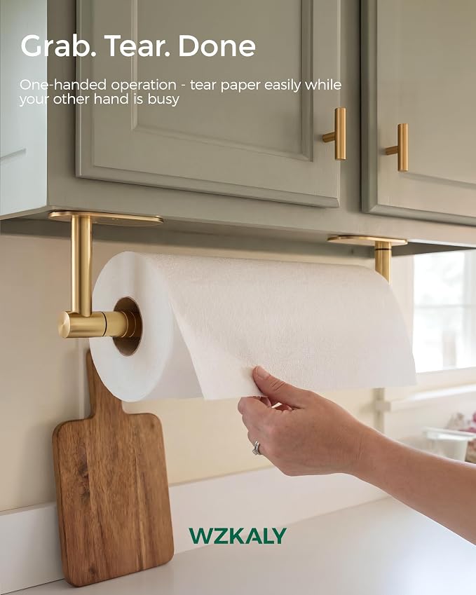 Gold Paper Towel Holder Under Cabinet, Self Adhesive or Wall Mount - Image 2