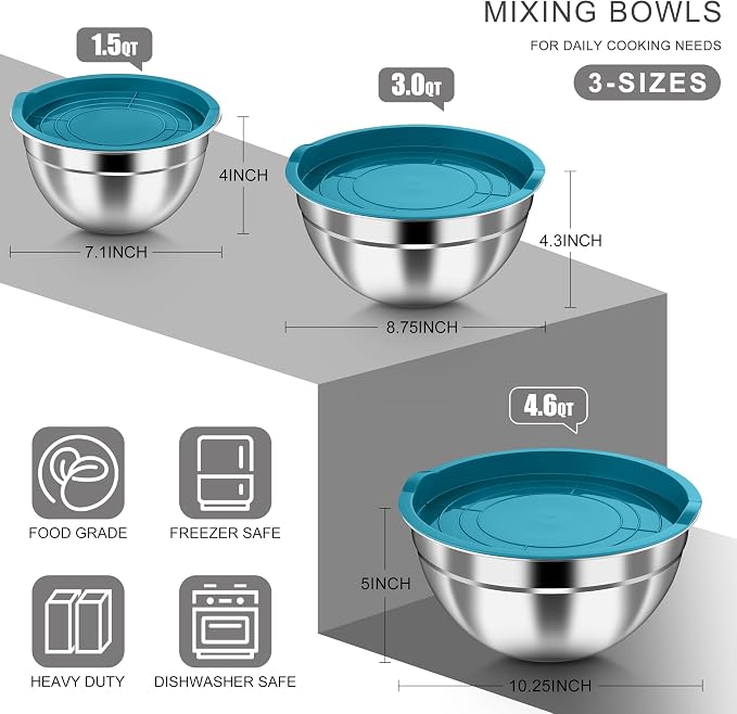 HaWare Mixing Bowls with Airtight Lids, 6-Piece Stainless Steel Salad Bowls - Image 2