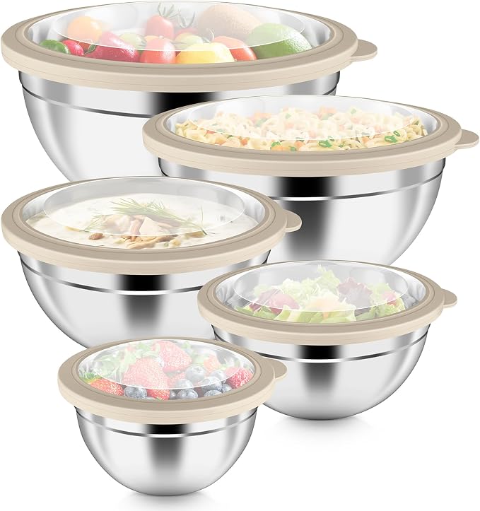 P&P CHEF Mixing Bowls with Visible Airtight Lids Set of 5, 10-Piece Stainless by PPCHEF