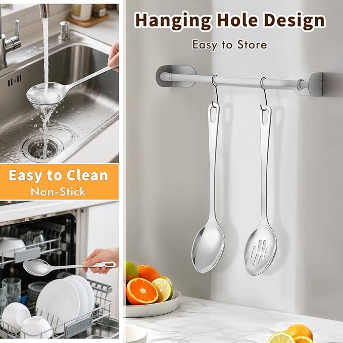 2 Pcs Stainless Steel Cooking Spoons Set, Solid & Slotted Metal Serving Spoons - Image 4