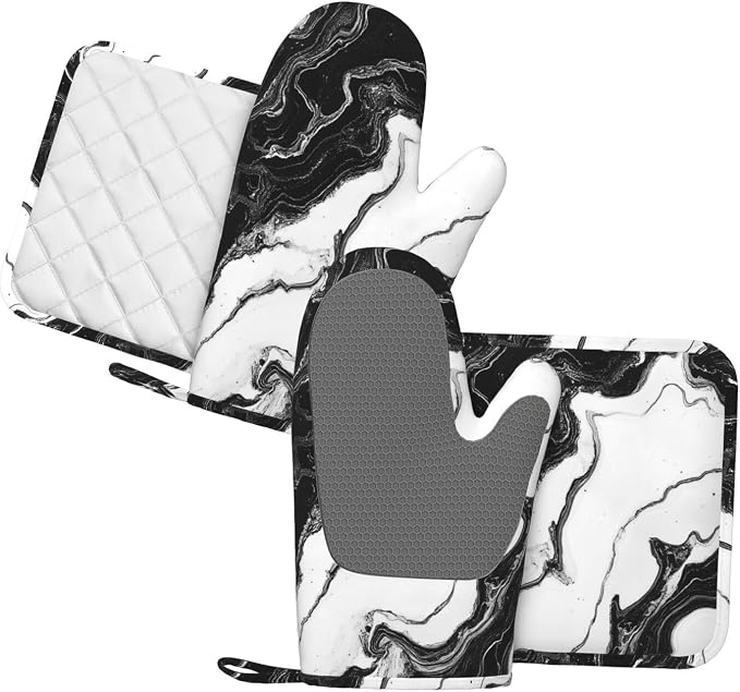 Oven Mitts and Pot Holders Marble Black White Liquid Abstract Silicone Kitchen - Image 2