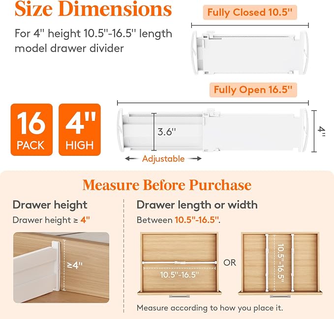 Lifewit 4" Tall 16 Pack Drawer Dividers, 27-42cm/10.5-16.5" Expandable Drawer - Image 2