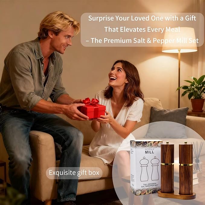 8 Inch Wooden Salt and Pepper Grinder Set, Adjustable Coarseness, Acacia Wood - Image 6