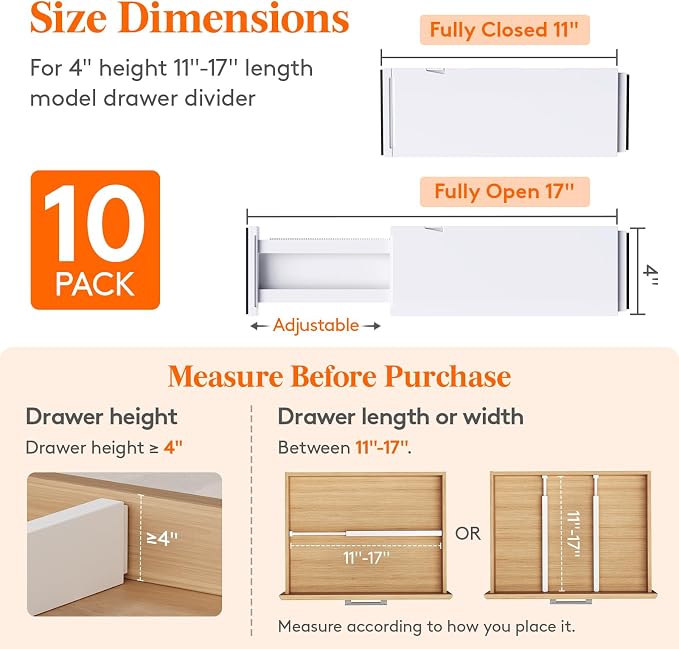 Lifewit 10 Pack 4" High Drawer Dividers 28-43.5cm/11-17" Adjustable Drawer - Image 2
