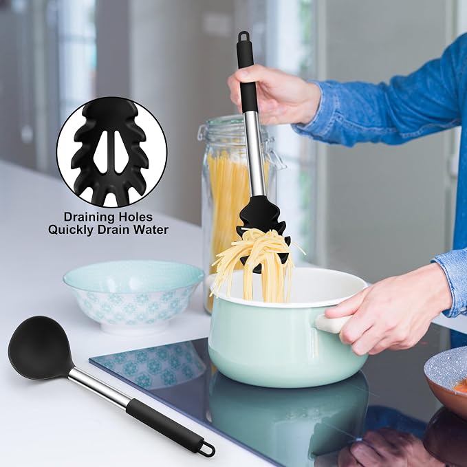 TeamFar Silicone Pasta Fork and Ladle Spoon Set, Serving Soup, Healthy & - Image 5