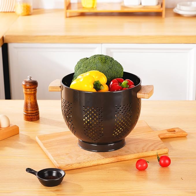 Metal Colander with Wood Handle and Stable Base, Powder Coated Steel Kitchen - Image 5