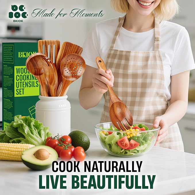 Bkiok Wooden Spoons for Cooking, Natural Teak Wood Kitchen Utensils Set for - Image 7