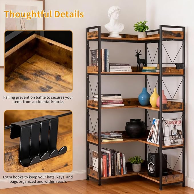 DUMOS 65 inch L Shaped Bookshelf, 5 Tier Corner Bookcase - Image 5