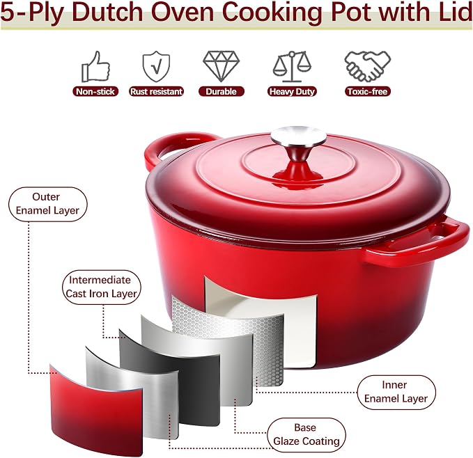 E-far Dutch Oven Pot with Lid, 5 Quart Enameled Cast Iron Round Dutch Oven - Image 4