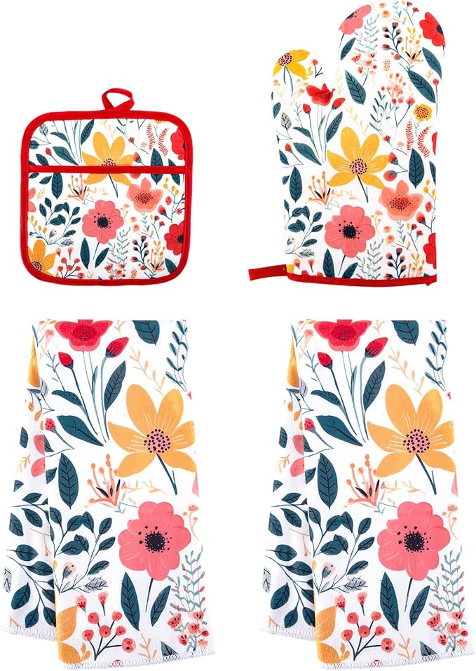 4 Pcs Kitchen Stuff, Wild Floral Kitchen Oven Mitts, Pot Holders Sets by Qchengsan