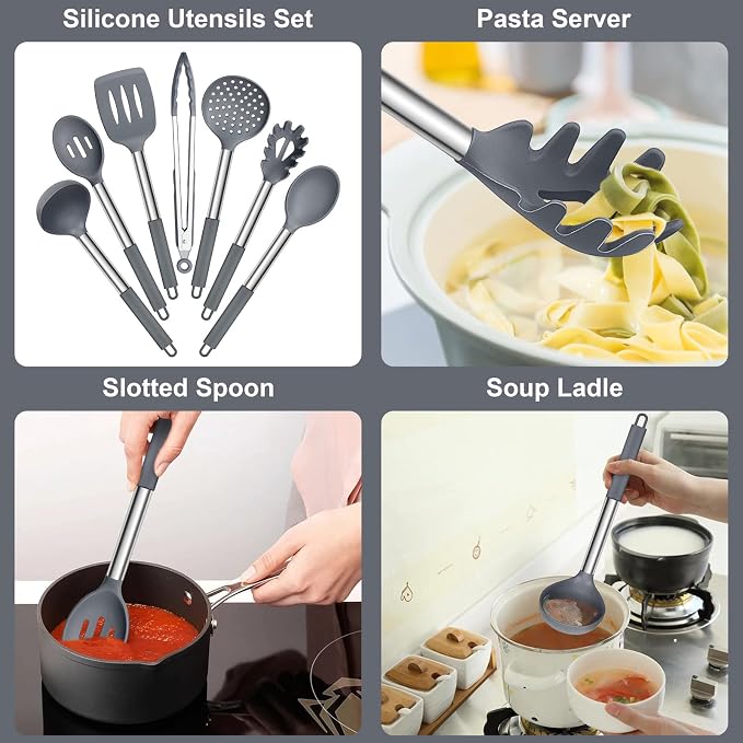 E-far Silicone Cooking Utensils Set, Slotted Turner, Soup Ladle, Pasta Server - Image 3