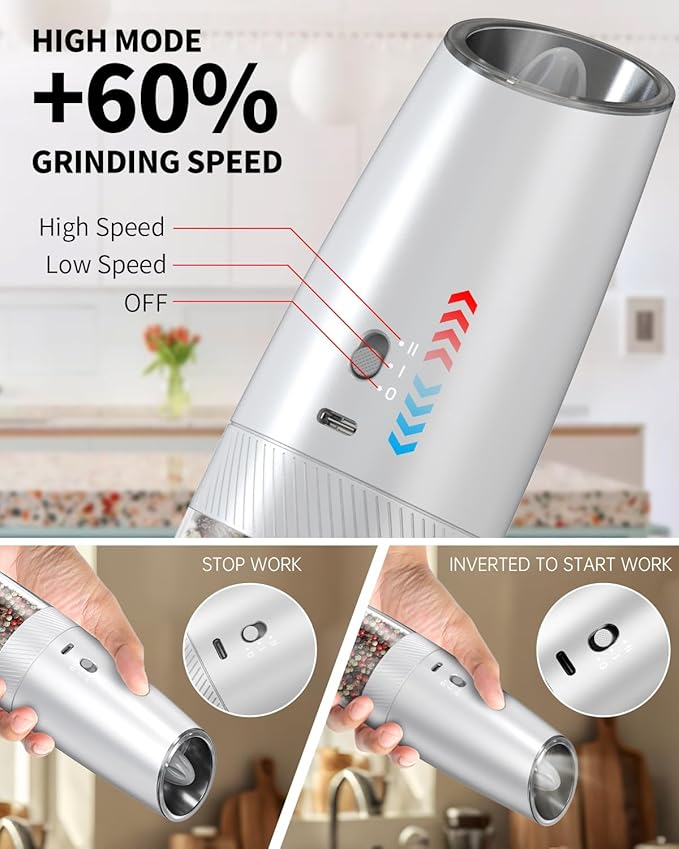 CIRCLE JOY 2-Speed Gravity Electric Pepper Grinder, Rechargeable Salt Grinder - Image 3