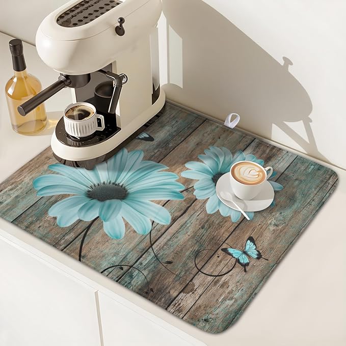 Teal Sunflowers Drying Mat 18x16 Inch, Summer Wooden Board Drying Mat - Image 7