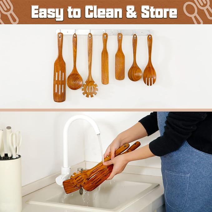 Wooden Spoons for Cooking 11Pcs Natural Acacia Wooden Kitchen Utensil Set - Image 4