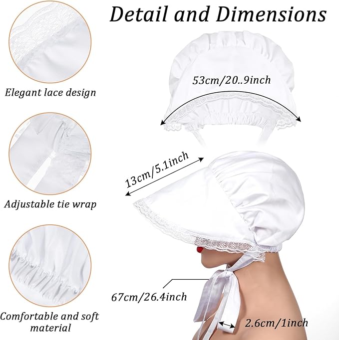Tucnoeu 2pcs White Mob Cap Half Apron Halloween Colonial Costume Set Women - Image 3