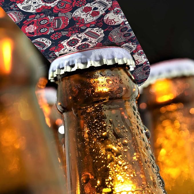 Skull and Flowers Stainless Steel Bottle Opener Day of The Dead Skull Red Peony - Image 4