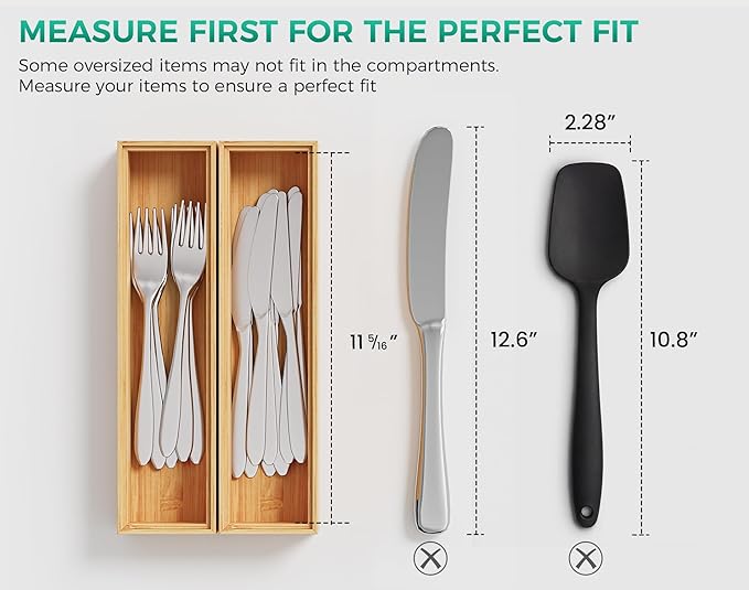 Bamboo Kitchen Drawer Organizer Boxes – 12" x 3" Stackable Wood Silverware - Image 3