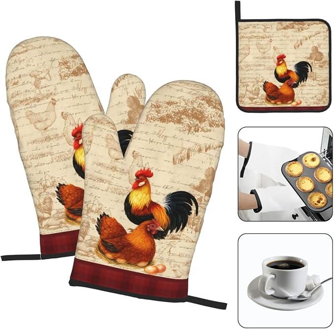Retro Rustic Pot Holders and Oven Mitts Set of 3, Rooster Chicken Oven Gloves - Image 3