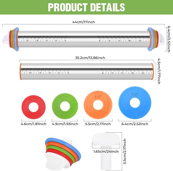 Rolling Pin with Adjustable Thickness Rings and Silicone Baking Pastry Mat Set - Image 3